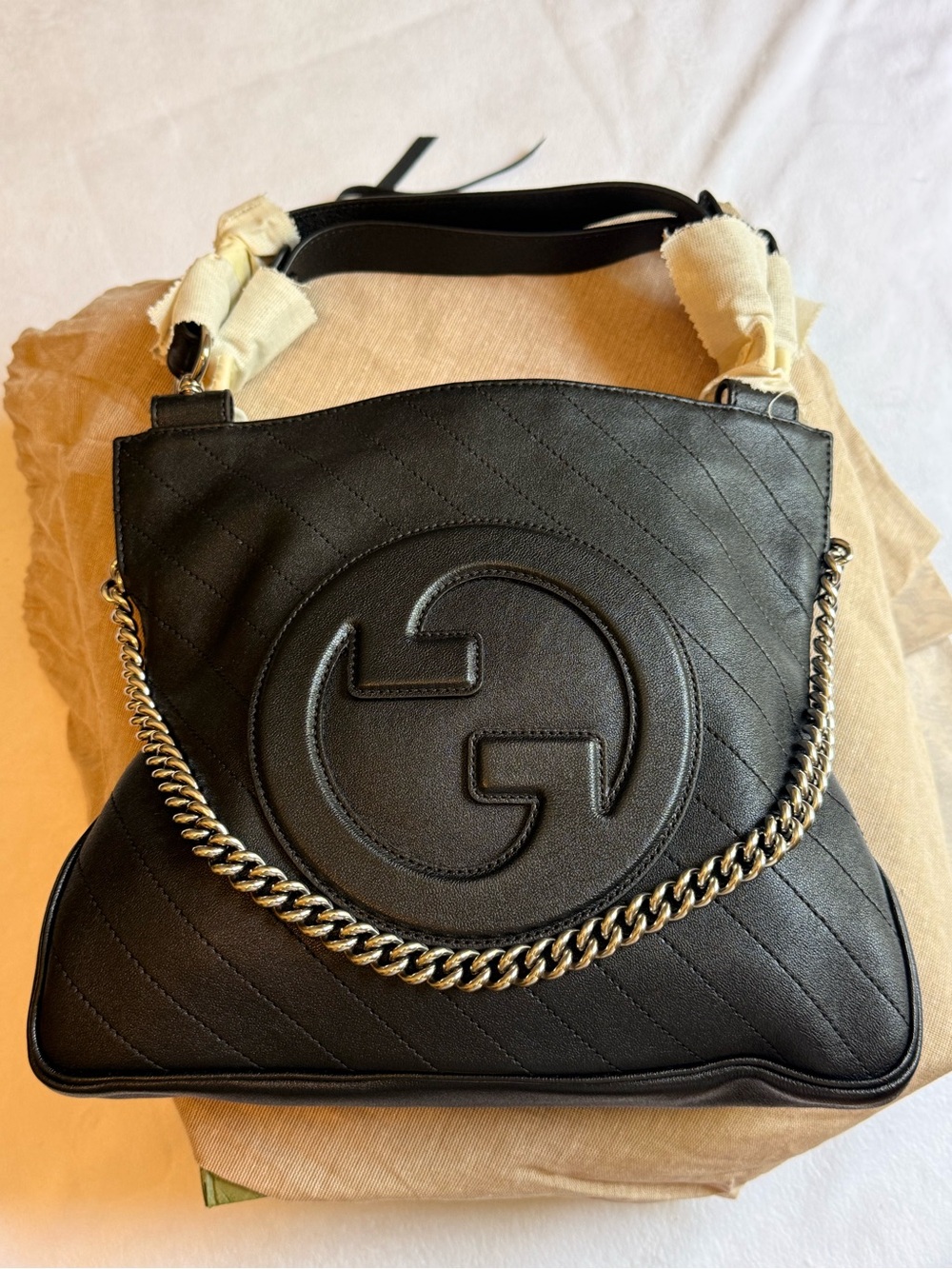 GUCCI Blondie Black Leather 2Way Chain Tote Shoulder Bag BNIB Made in Italy